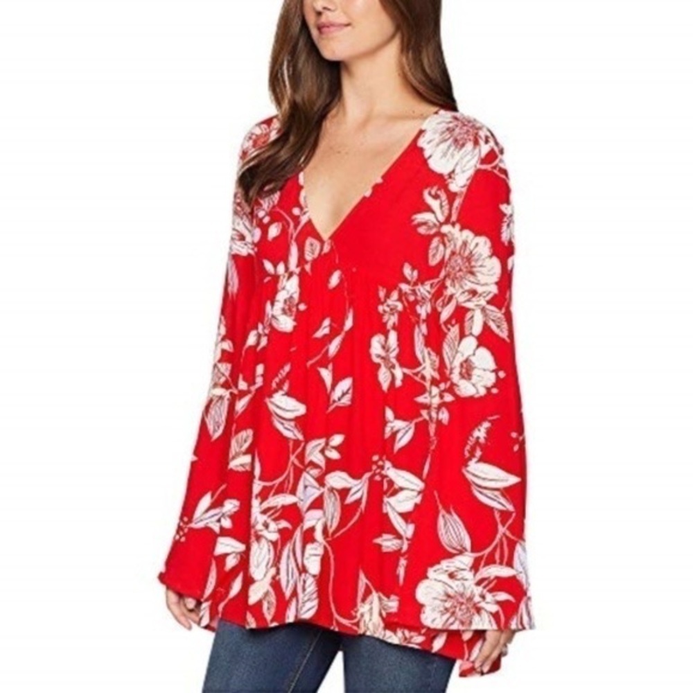 Free People Bella Floral Print V-Neck Tunic Dress Red Boho Size XS - Picture 5 of 13